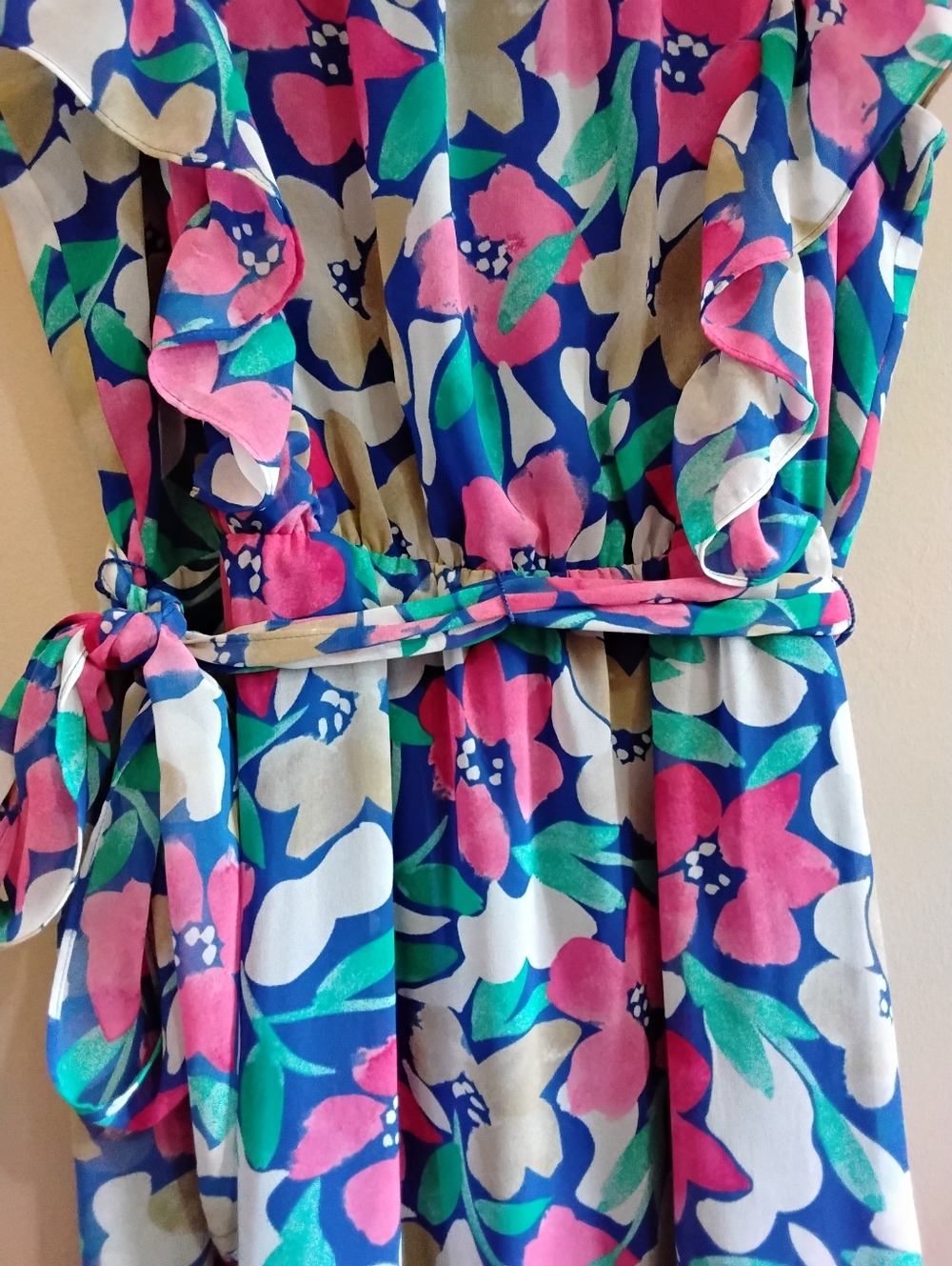 Calvin Klein Blue Floral Flutter Sleeve Dress with Tie Waist – Size 12 EUC - Picture 7 of 16